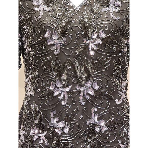 Vintage 80s Short-Sleeve Black Beaded Silk Top Sequin Blouse M - Picture 7 of 7